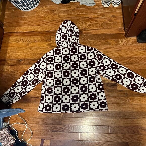 Geometric flowers super soft fleece 1/4 zip hoodie with kangaroo pocket brown an - Picture 11 of 12